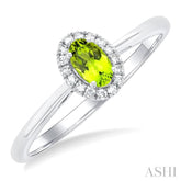 5x3 MM Oval Shape Peridot and 1/20 Ctw Single Cut Diamond Halo Semi-Precious Ring in 14K White Gold